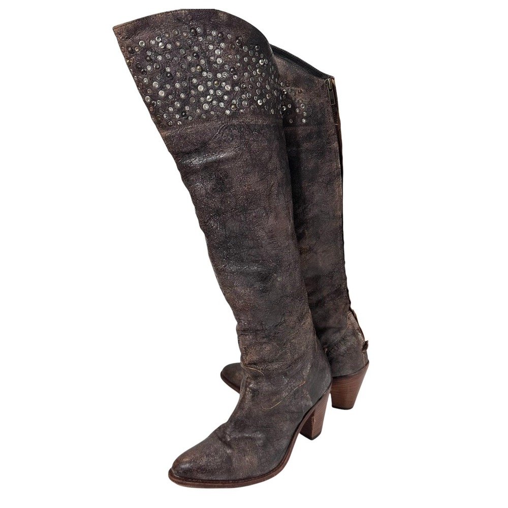 Frye Over the‎ Knee Studded Boots Crackle Leather Brown Size 9